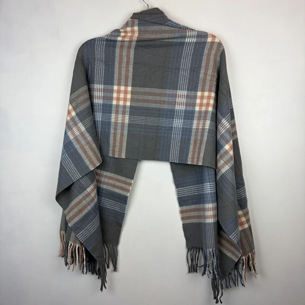 100% Cashmere Large Scarf Womens Blue Plaid Fringe Travel Luxury Soft Wrap Money